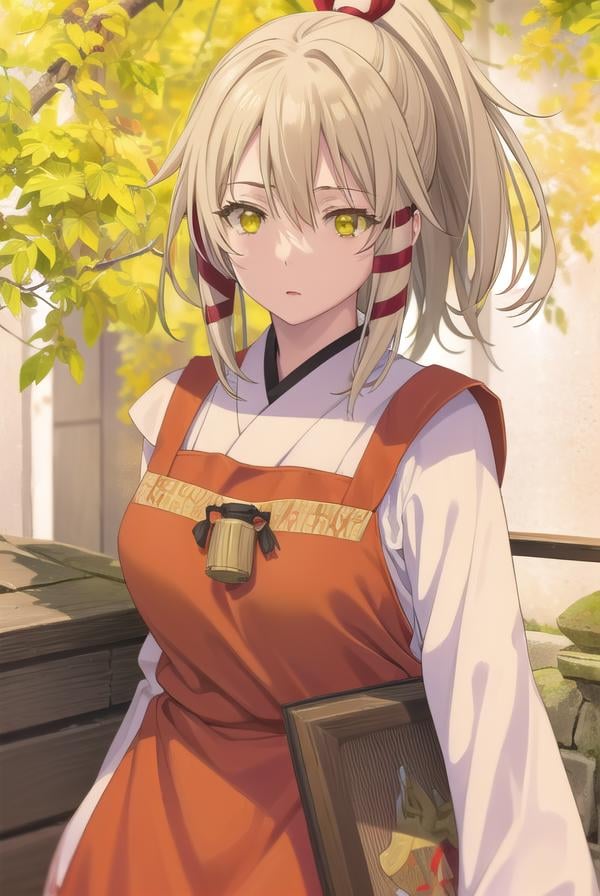 ukanomitamanokami, <lora:uka no mitama no kami s1-lora-nochekaiser:1>,uka no mitama no kami, long hair, blonde hair, hair ribbon, (yellow eyes:1.5), ponytail, tress ribbon,BREAK japanese clothes, miko, apron, (red apron:1.5),BREAK outdoors, shrine,BREAK looking at viewer, (cowboy shot:1.5),BREAK <lyco:GoodHands-beta2:1>, (masterpiece:1.2), best quality, high resolution, unity 8k wallpaper, (illustration:0.8), (beautiful detailed eyes:1.6), extremely detailed face, perfect lighting, extremely detailed CG, (perfect hands, perfect anatomy),