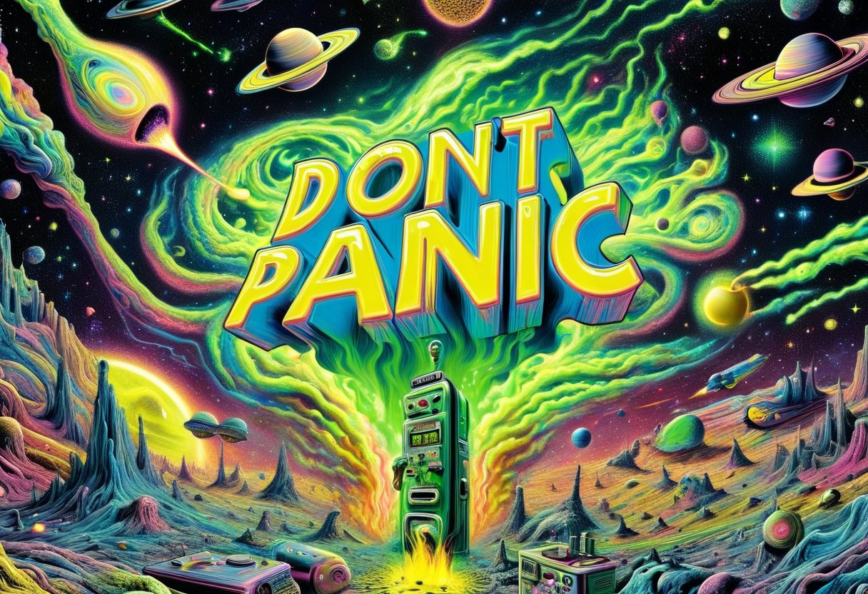DonMD0n7P4n1cXL, text "DON'T PANIC!", hyper detailed masterpiece, dynamic realistic digital art, awesome quality,ionosphere subterrane,interstellar pottery studio,citrine yellow molten steam pollution caustics rendering,self-fulfilling prophecy, digital sensors  <lora:DonMD0n7P4n1cXL:1>