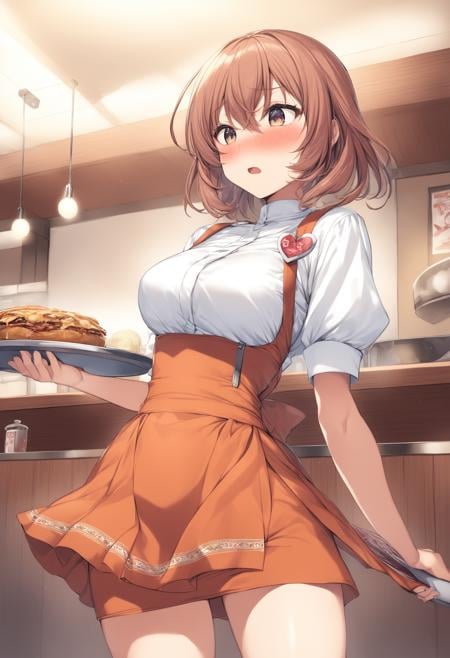 1girl, <lora:sdxl2-flat2-512b:-1>,medium breasts,solo,<lora:annamillerXLv2:0.8>,anna miller ,waitress,name tag,high-waist skirt,suspender skirt, apron,ceiling, cowboy shot, looking to the side, embarrassed,  open mouth,restaurant,best quality,medium quality,