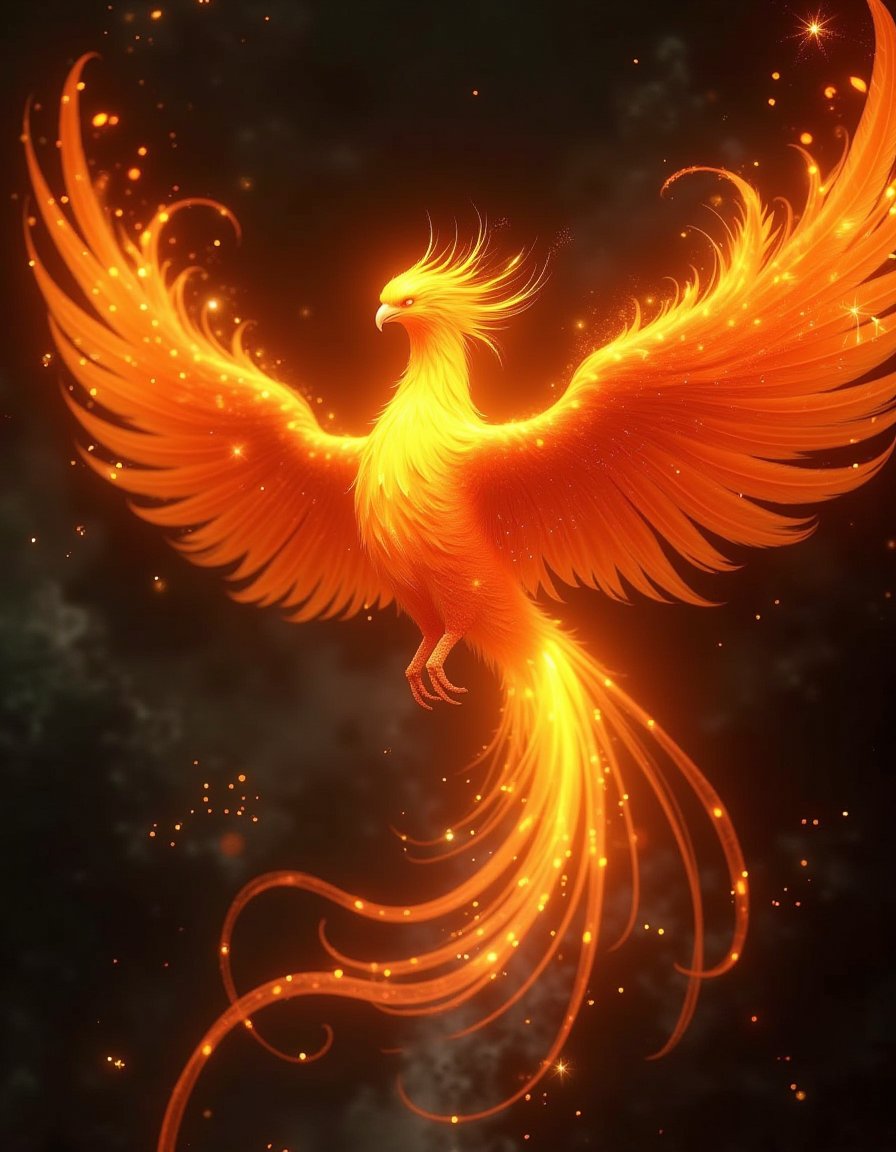 Phoenix, fire, CG fantasism,Orange phoenix, wings spread, detailed feathers, night sky backdrop, stars, light streaks, gray metallic textured surface, orange hand,  metallic texture, subtle hand, harmony, natural, man-made, life, rebirth. studio lighting, clear reflections, shadows  <lora:凤凰:1>