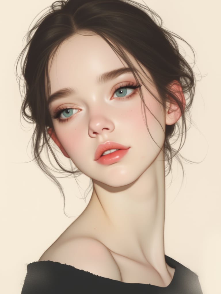 OBxiaoxiang,This is a digital illustration in a soft,ethereal style,featuring a young woman with a delicate,almost otherworldly appearance. She has fair,smooth skin with a light blush on her cheeks and a natural,slightly glossy sheen on her full,pink lips. Her eyes are a striking light blue,framed by thick,dark lashes,and she has a small mole on her left cheek. Her hair is dark brown,styled in a loose,tousled updo with a few strands falling softly around her face. She wears a simple,black top that contrasts with her pale skin,adding a sense of minimalism and focus on her face.The background is a soft,muted beige that fades into the distance,ensuring the viewer's attention remains on her. The illustration uses a blend of soft gradients and delicate lines to create a dreamy,almost surreal atmosphere. The overall color palette is muted with subtle highlights,giving the image a soft,almost dreamlike quality. The texture of her skin and hair is smooth and polished,enhancing the ethereal feel of the artwork. This image captures a moment of serene contemplation,with a blend of realism and fantasy.,