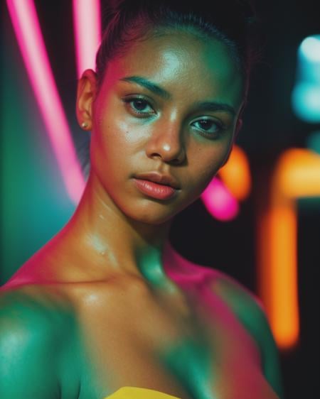 raw_photo photograph film_still cinematic fashion_photo of a beautiful woman detailed skin_texture shot on film vibrant_colors neon_theme photo_grain 3600_iso cinestill BREAK