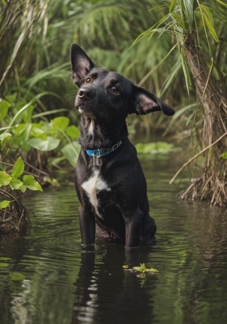 35mm Vintage photo of a dog in the swamps sticks its head out of the water, vines, drinking the water, best quality, detailed background, sunlight ray tracing, hyper detailed photorealistic life-like accurate proportional, 8k sharp focus, (accurate cinematic lighting), photorealistic detail, best quality, high contrast, rule of thirds, depth of field, (selective focus:0.6)