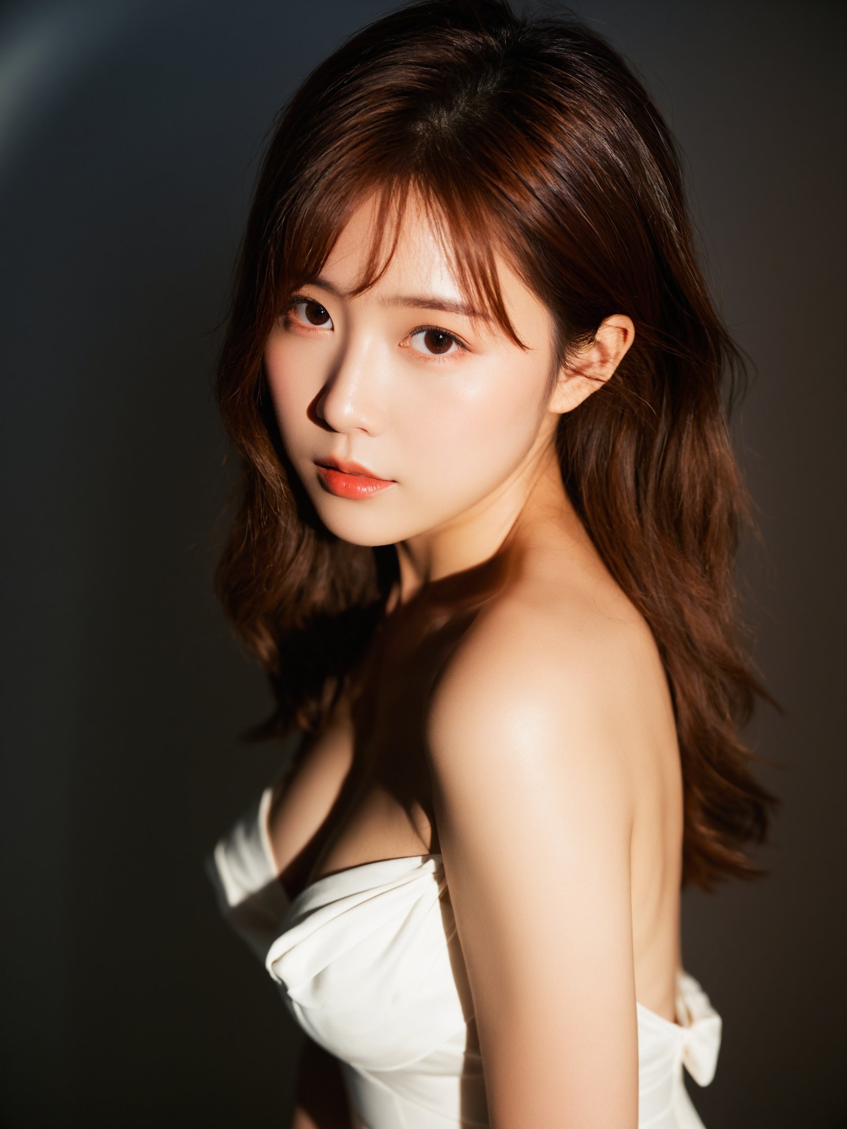 best quality, masterpiece,raw photo of asian female in white dress, shy face, close-up portrait, brown hair, fashion accessories, looking at viewer, indoor, dark theme, sunset light, from above, medium breasts, professional photo, high contrast exposure, soft bokeh, high key light, hard shadow, soft bokeh, simple background, 
