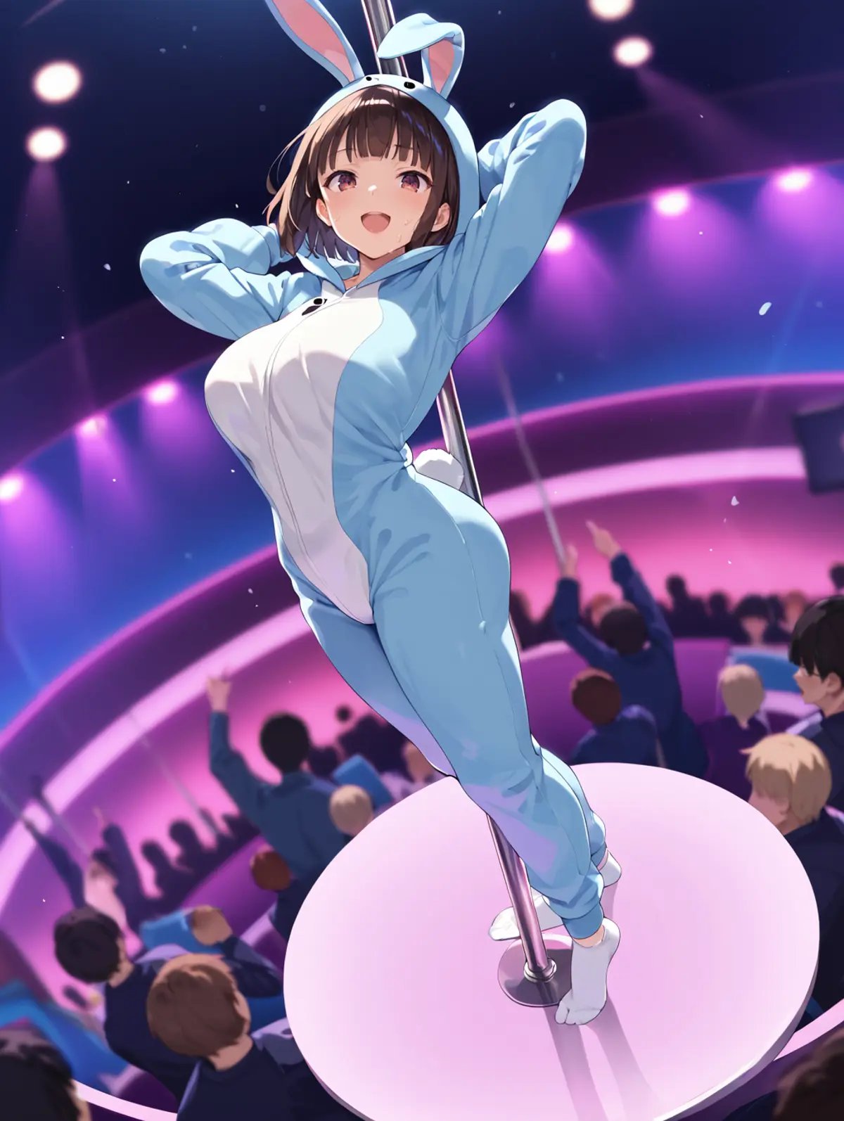 score_9, score_8_up, score_7_up, score_6_up, score_5_up, score_4_up, source_anime, 1girl, (solo), large breast, sweat, (blurry background, depth of field), indoor, rabbit onesie, animal onesie, fully covered, (full body), looking at viewer, wide angle, standing, indoor, happy, pose, pole dancing, brown hair, short hair, black hair, blunt bangs, indoors, stripper pole, stripper, club, dark background, pink light, back light, from below, stage, stage light, crowd watching, white socks, puffy, fluffy, pole dancing, from side, covered legs, open mouth , from above,