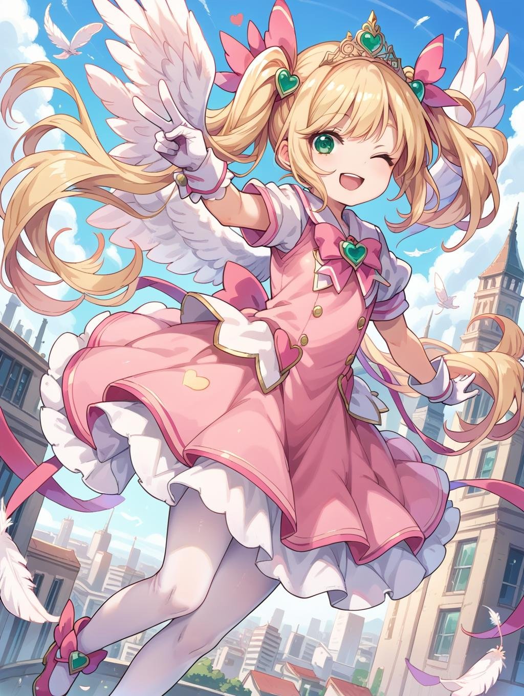 score_9, score_8_up, score_7_up,little,1girl, blonde hair, twintails, green eyes, pink dress, tiara, short sleeves, gloves, wrist cuffs, ribbon, heart, short sleeves, wings, feathers, white pantyhose, wink, v, magical girl, outdoors, city, smile, open mouth 