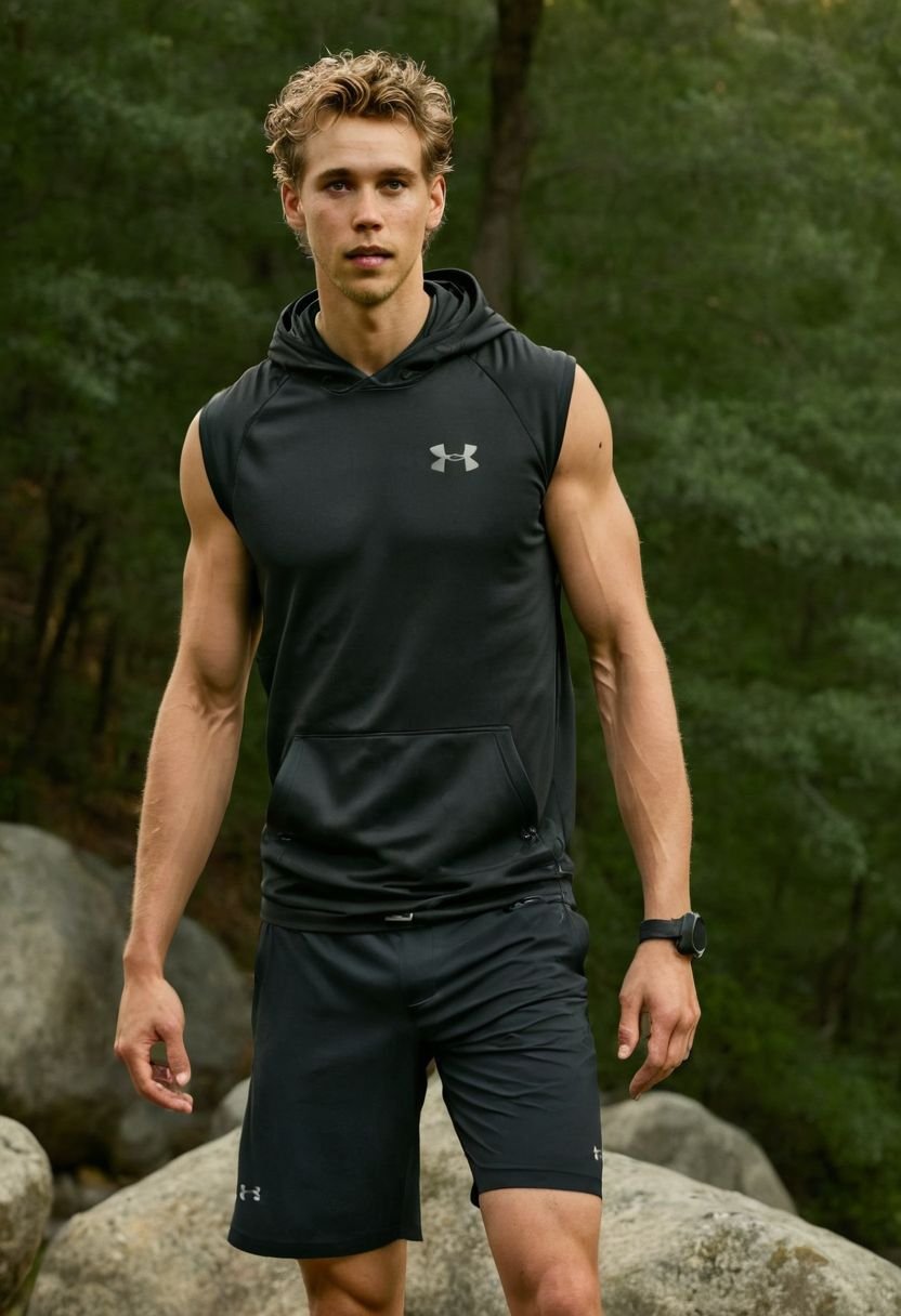 photo of Shaun Sipos a man <lora:Austin-Butler_Shaun-Sipos:0.8>, wearing a sleeveless well-fitted under armour hoodie and compression shorts, standing on a boulder, outdoor trail, 35mm photograph, film, bokeh, professional, 4k, highly detailed, creek in the background, natural lighting, golden hour