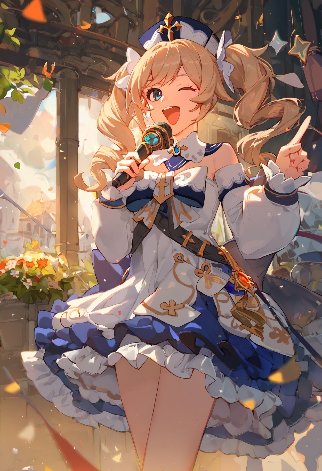 score_9, score_8_up, score_7_up, uncensored, scenery, BREAKach_ciloranko-artist, chromatic aberration, vibrant colors, 1girl, barbara_(genshin_impact), idol, cowboy shot, solo, pointing to viewer, holding microphone, beige hair, one eye closed, open mouth, happy, hair ornaments, frilled dress, cinematic lighting, backlighting, detailed, aesthetic, beautiful, beautiful color, amazing quality <lora:Lora_ciloranko-artist-v1:1>, 