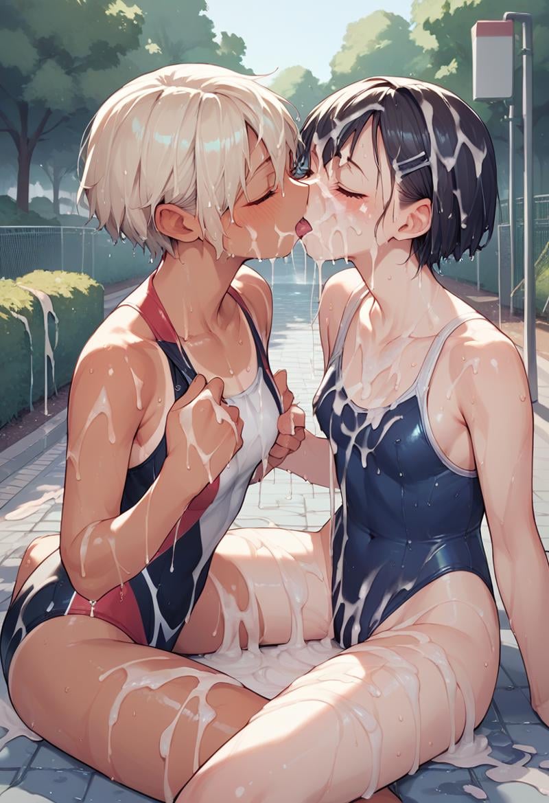 score_9, score_8_up, score_7_up, score_6_up, source_anime, <lora:extreme_bukkake_v0.1-pony:1> 2girls, swimsuit, wet, tan, yuri, kiss,excessive cum, bukkake, park,