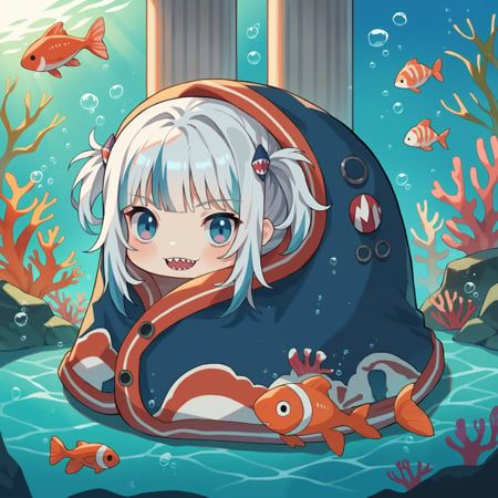 score_9, score_8_up, score_7_up, source_anime,1girl, comfyblanket, chibi, blanket, sharp teeth,pitvinm, white hair, hair ornament,underwater, pillar, coral, fish,<lora:concept_comfyblanket-pony-rls:1>