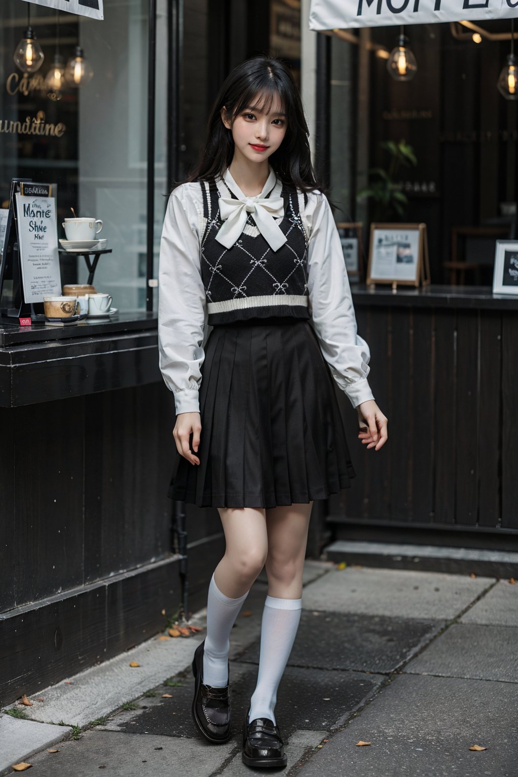 best quality, quality, masterpiece, photorealistic, standing, 1girl, solo, full body, slime girl, dating attire, socks, black shoes, cafe, coffee, depth of field, outdoor, sunshine, window, <lora:dating_attire_style1_v1:0.75>