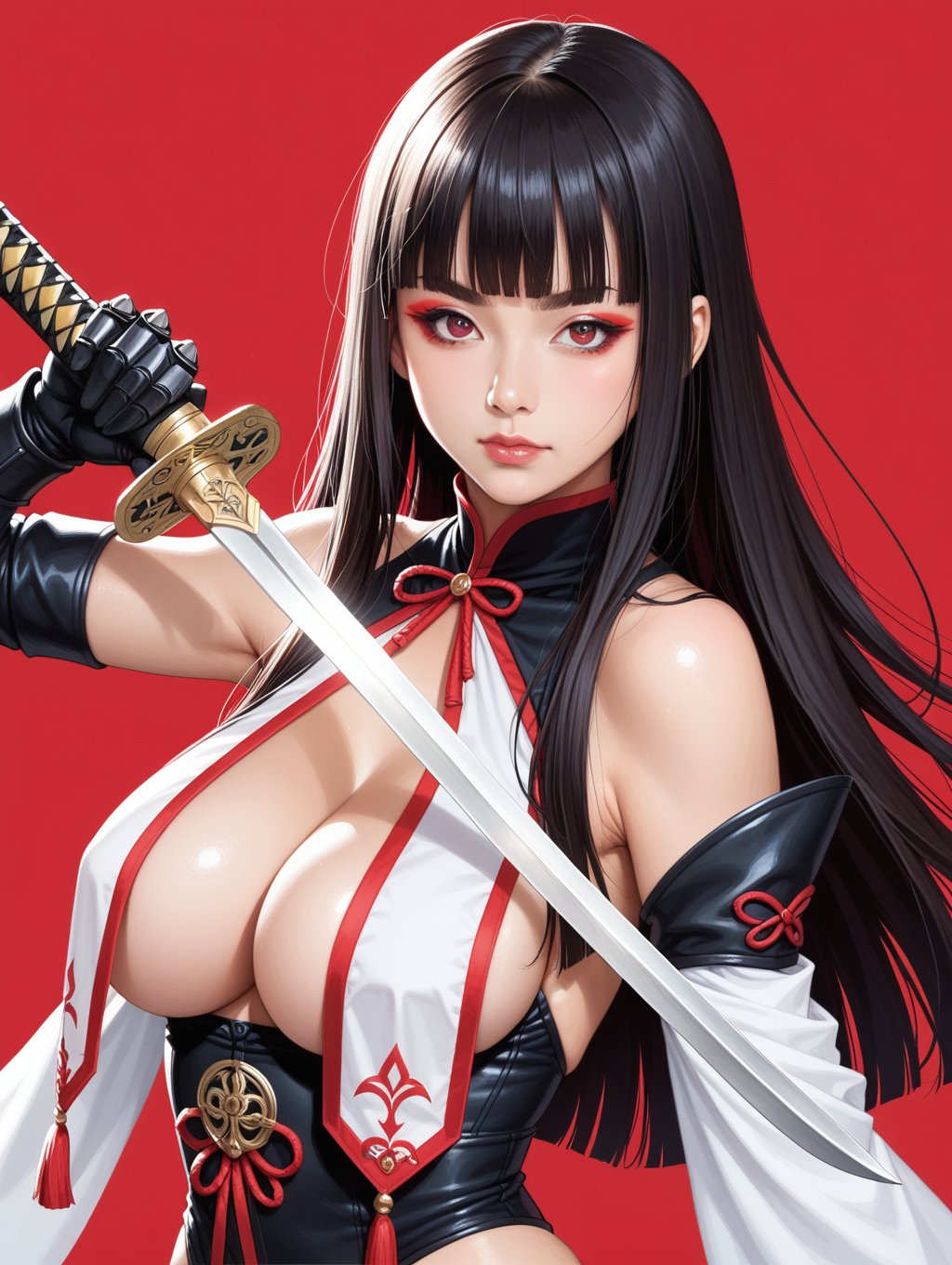 score_9, score_8_up, score_7_up, 1girl, breasts, weapon, solo, sword, dark red background, black hair, holding weapon, holding, unsheathing, large breasts, holding sword, gloves, looking at viewer, sheath, long hair, upper body, bare shoulders, black gloves, cleavage, short eyebrows, simple background, katana, blunt bangs, red eyes, closed mouth, makeup, eyeshadow, dark red hair, thick eyebrows, dark red eyeshadow, multicolored hair, breast curtains, gauntlets, red ribbon