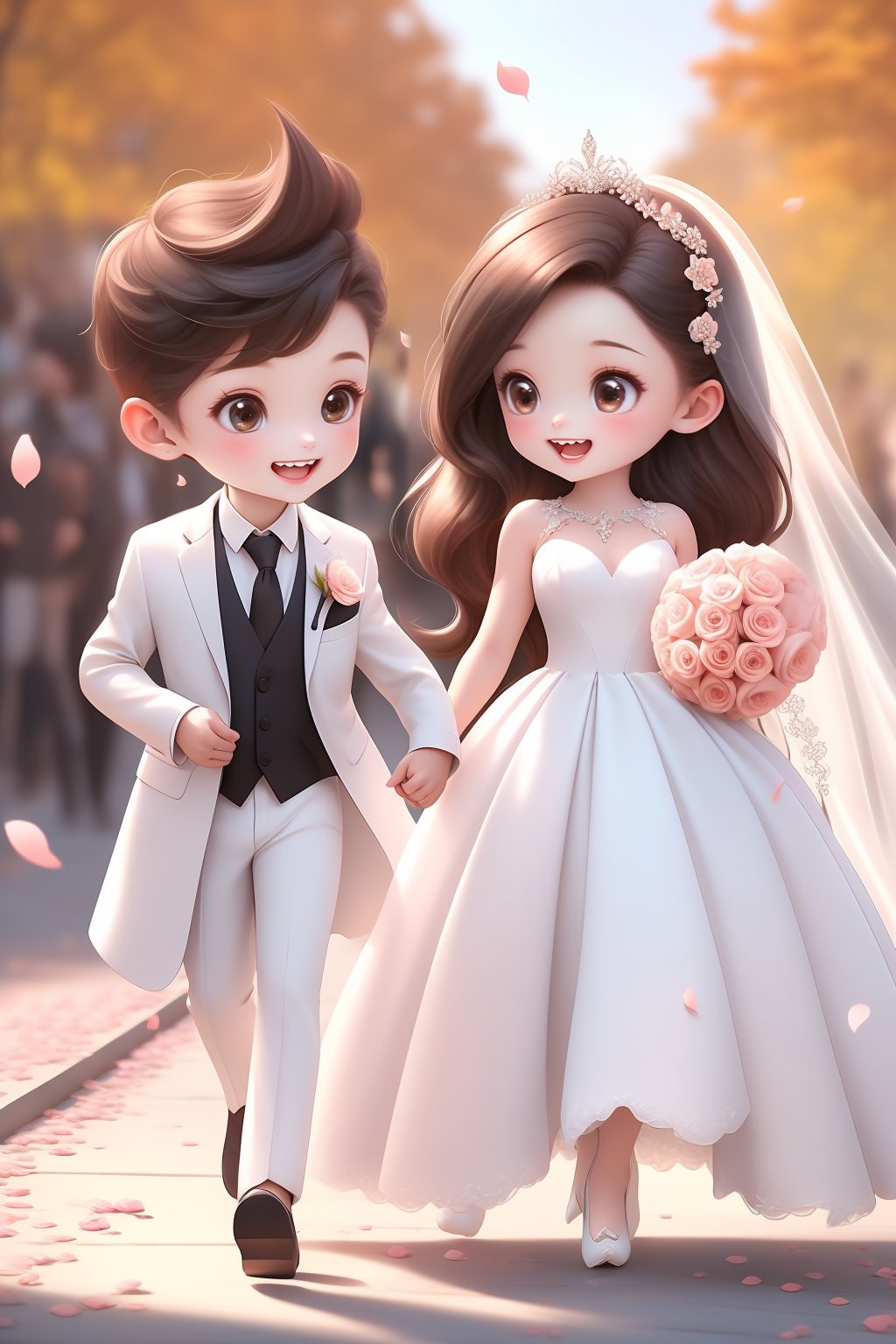 1girl,sqs,dress,1boy,flower,brown hair,smile,necktie,open mouth,brown eyes,holding hands,pants,long hair,white dress,wedding dress,petals,white footwear,bouquet,black necktie,blush,wedding,groom,walking,black pants,formal,pink flower,teeth,hair ornament,suit,hair flower,shirt,upper teeth only,chibi,hetero,:d,holding,short hair,white jacket,bride,looking at another,veil,spiked hair,shoes,aged down,bridal veil,<lora:sqs:0.8>,