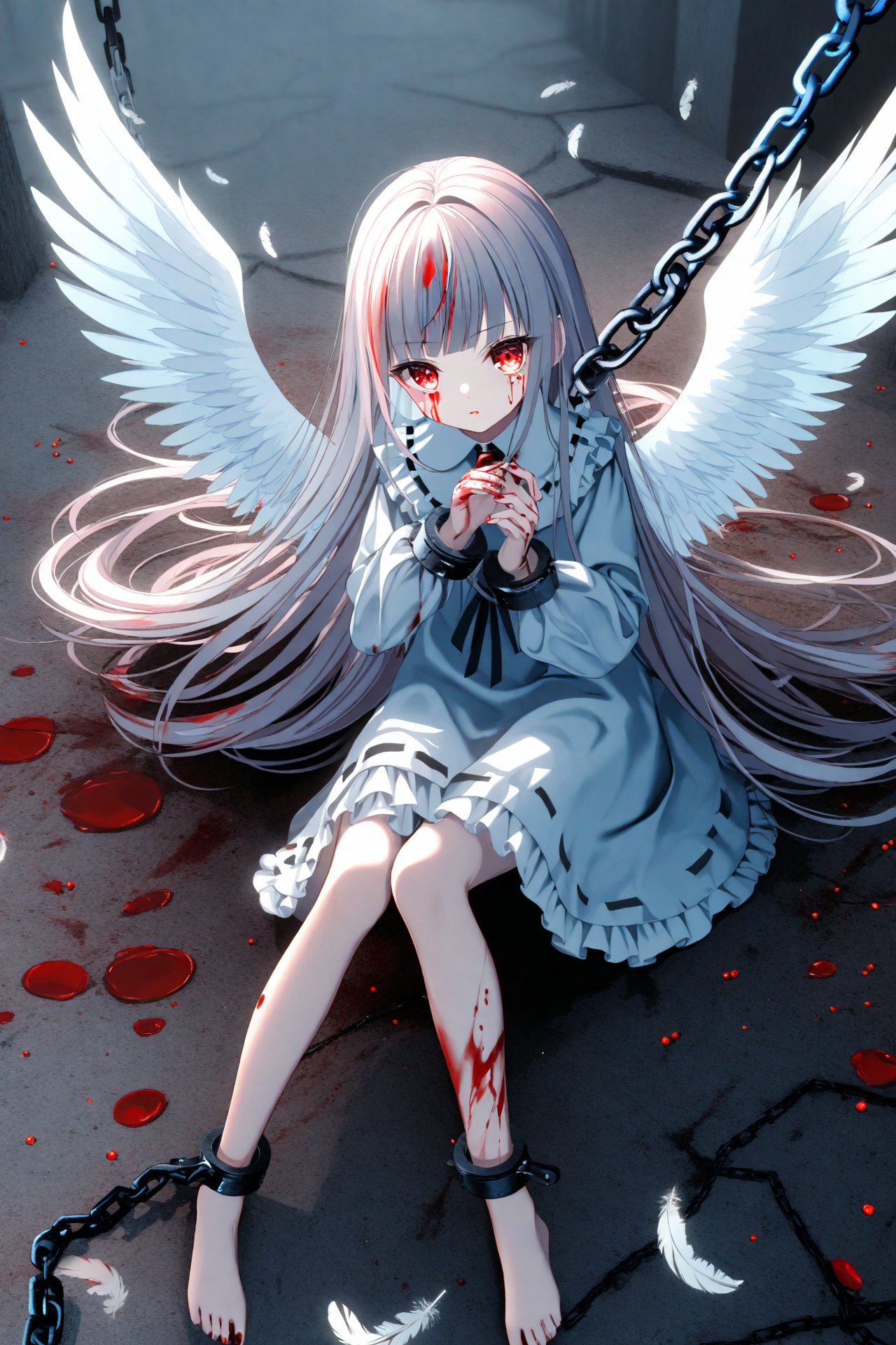 (masterpiece),(best quality),illustration,ultra detailed,hdr,Depth of field,(colorful),loli,1girl,solo,wings,blood,long hair,sitting,chain,red eyes,blood on hands,feathered wings,barefoot,blood on face,blood from eyes,dress,long sleeves,cuffs,feathers,frills,looking at viewer,very long hair,white wings,bandages,shackles,bangs,