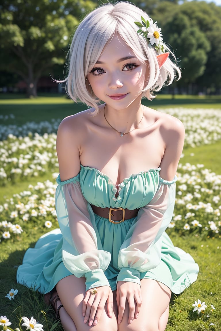 RAW photograph of a cute elf girl sitting in a flowerbed,flower, letterboxed, white flower, kokkoro \(princess connect!\), flower field, 1girl, on grass, hair between eyes, field, lily \(flower\), elf, solo, grass, bangs, hair ornament, onigiri, sleeveless, antenna hair, daisy, hair flower, sleeveless dress, smile, dress, bare shoulders, pointy ears, closed mouth, eyebrows visible through hair, silver hair, blush, garden, red eyes, outdoors, sitting, puffy sleeves, white dress, green sleeves, clover, small breasts, pink flower, puffy long sleeves, looking at viewer, seiza, (photorealistic:1.4), (small ears), short hair, <lora:kokkoroPrincessConnect_kokkoroV1:0.5>