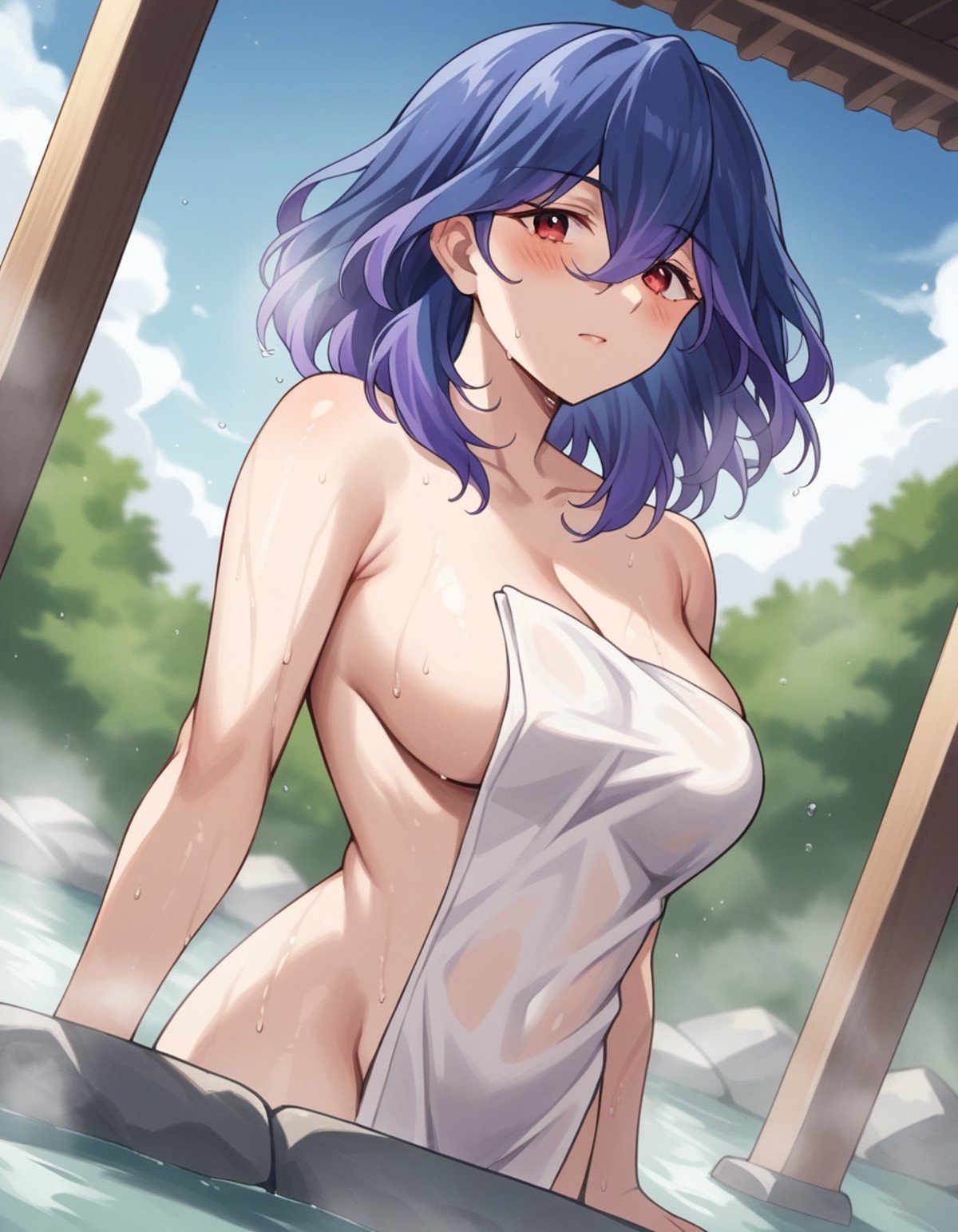 score_9, score_8_up, score_7_up, source_anime,vermeil, <lora:vermeil-s1-ponyxl-lora-nochekaiser:1>,vermeil, red eyes, hair between eyes, blue hair, purple hair, multicolored hair, medium hair,nude, naked, outdoors, onsen, towel, naked towel, steam, bathing, nude cover, partially submerged, water, bath, steam censor, wet towel, blush,looking at viewer, cowboy shot, solo, dutch angle,