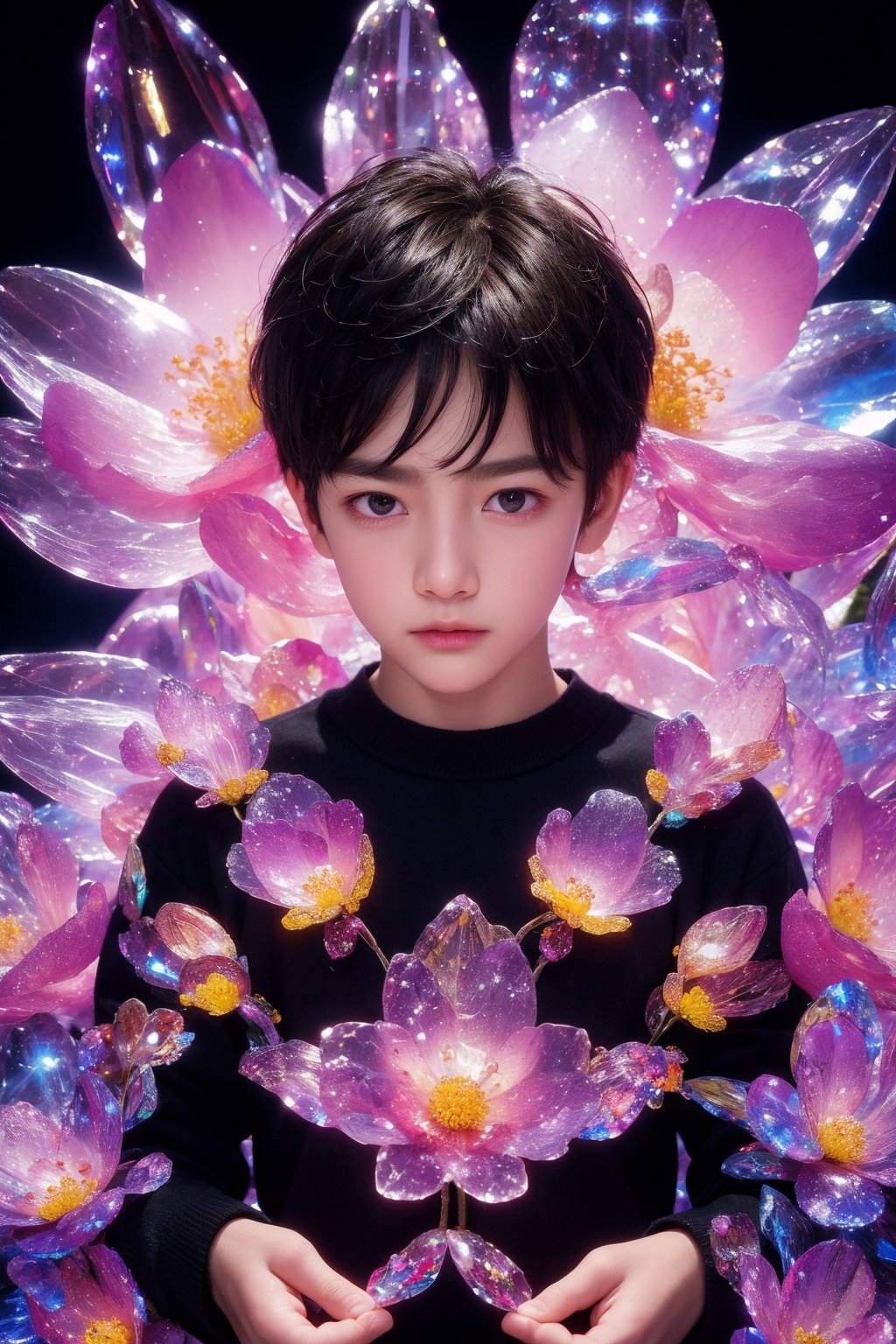 1boy, black background, black eyes, black shirt, black sweater, closed mouth, grey eyes, long sleeves, looking at viewer, flower, extremely high quality high detail RAW color photo, crystal flower, intricate crystal patterns, translucent petals, prismatic light refraction, sharp, precise edges, detailed textures, luminous glow, 