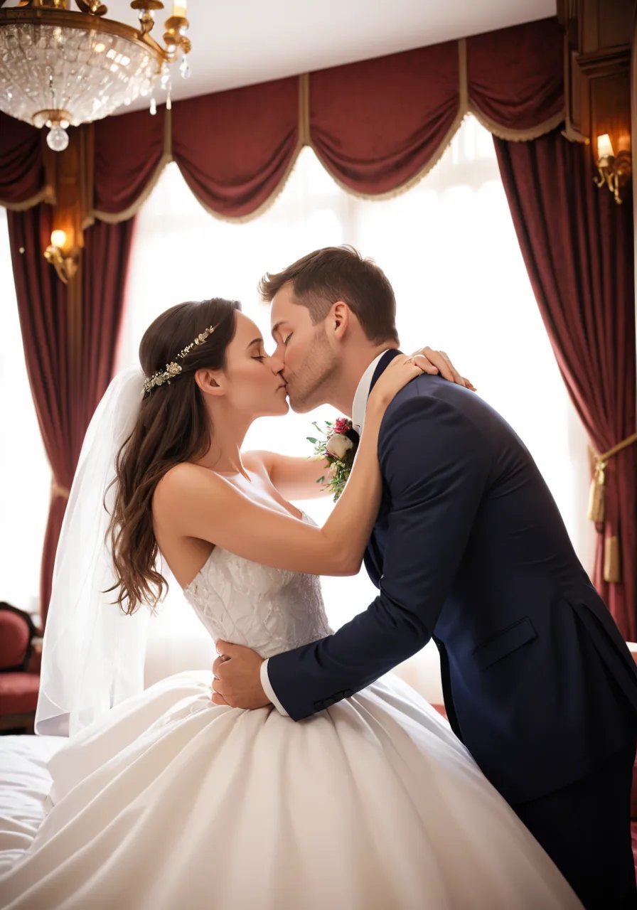 highres,best quality,A photo of a newlywed couple hugging each other on the bed in a luxurious royal suite, looking into each other's eyes and kissing tenderly.