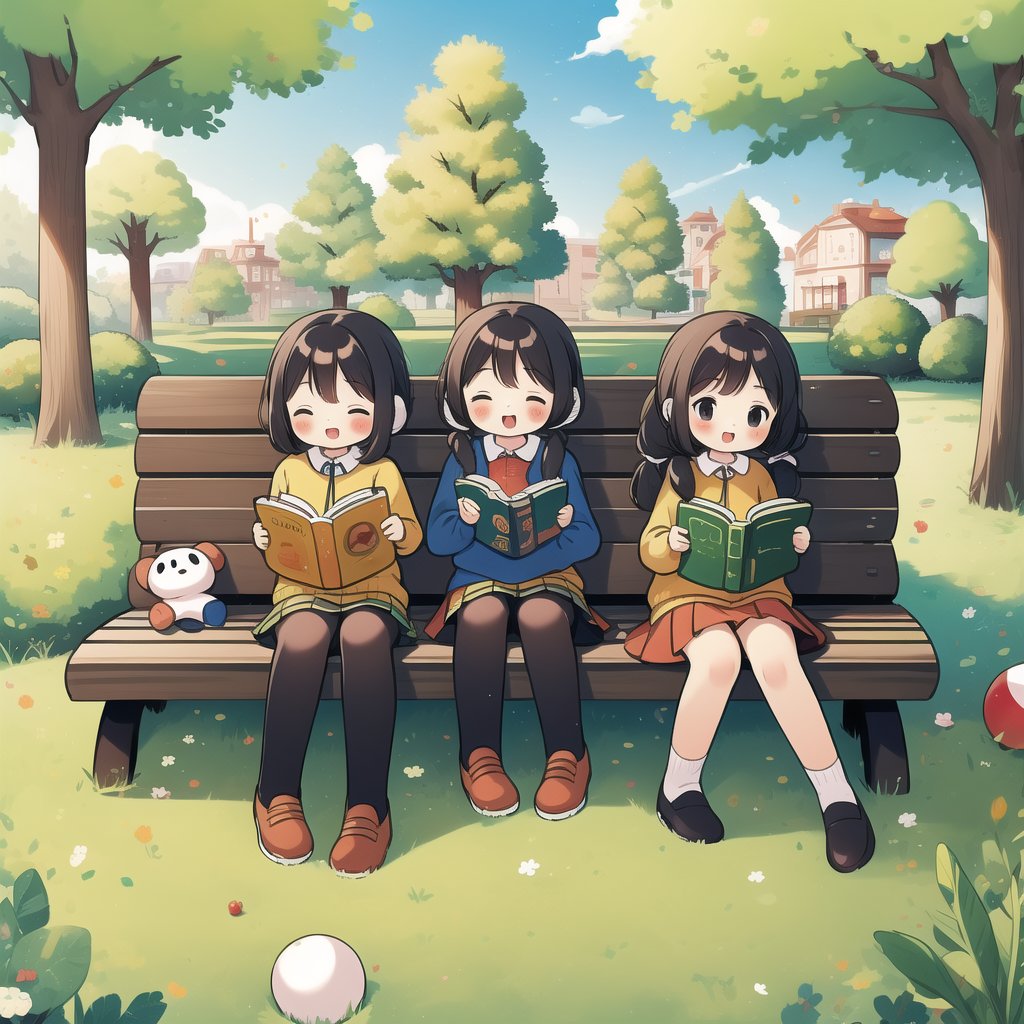 ((A child, small cute plush ball errings, pigtails, jumper skirt, A charming smile, reading picture-story book)), Parks, lawns, cherry trees, benches, masterpiece, best quality