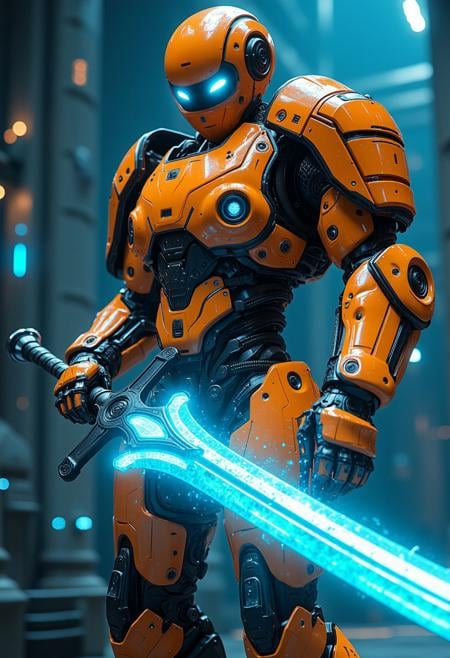 cinematic shot of a futuristic orange robot holding a blue glowing sword in an epic attack pose, standing inside a futuristic sci-fi lab, hkstyle, super realistic, style of epic cinematic, amazing quality