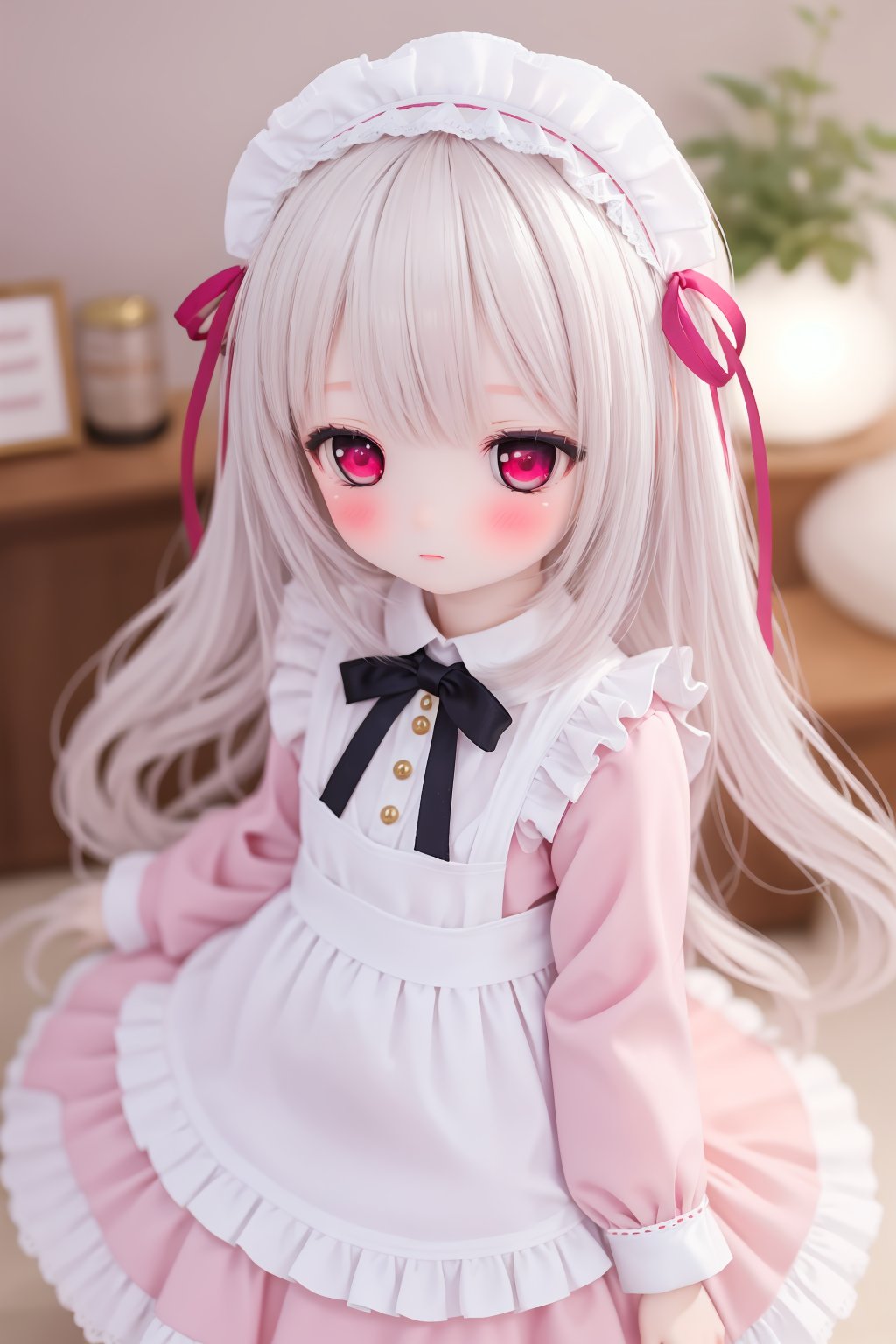 1girl,solo,dress,blush,apron,looking at viewer,pink eyes,maid,blurry,red eyes,pink dress,blurry background,maid headdress,long sleeves,child,long hair,female child,hairband,white hair,doll,BJD,dtghdg254793,stfhgd796we2,adsderl931sq,cute,