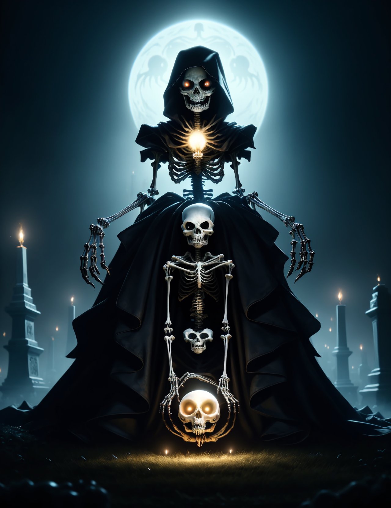 hyper detailed masterpiece, dynamic, awesome quality,DonMSt33lM4g1c mystical pop surrealism vampire countess skeleton cemetery eyeball cupcakes skeletons malevolent laugh phantom lanterns scarecrows watching classic horror films,  <lora:DonMSt33lM4g1c-000008:0.8>