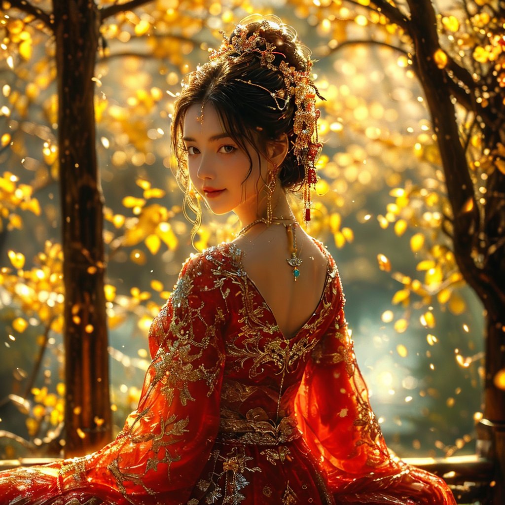 AncheReddressgirl,1girl,solo,dress,looking at viewer,jewelry,hair ornament,sitting,blurry,backlighting,realistic,tree,best quality,masterpiece,original,best quality,highly detailed,