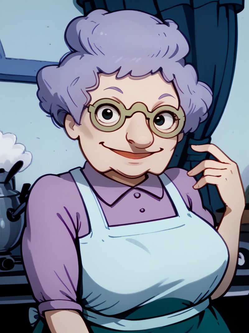 <lora:Minka_Kropotkin_-_Rugrats-10:1.4>1girl, old lady, light blue hair, blue shirt, apron, pince_nez_glasses, vintage_eyewear, dark blue skirt, portrait, looking at viewer, smile, black eyes,, source_cartoon, score_9, score_8_up, score_7_up,