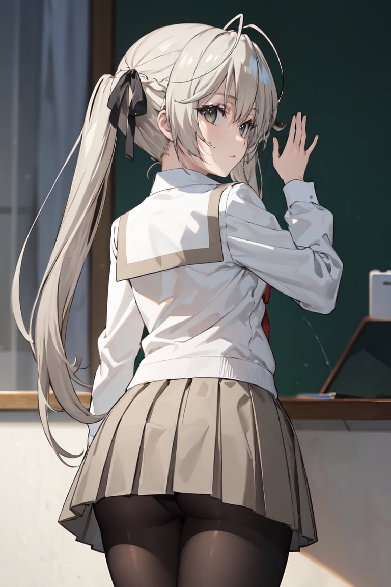 masterpiece, best quality, ultra-detailed, glistening shiny, glowing light, ray tracing, HDR, deph of field, (perfect face, detailed face),  <lora:KasuganoSora:0.7>, kasuganosora, long hair, black hair ribbon, twintails, school uniform, white shirt, grey skirt, black pantyhose, ass, from behind