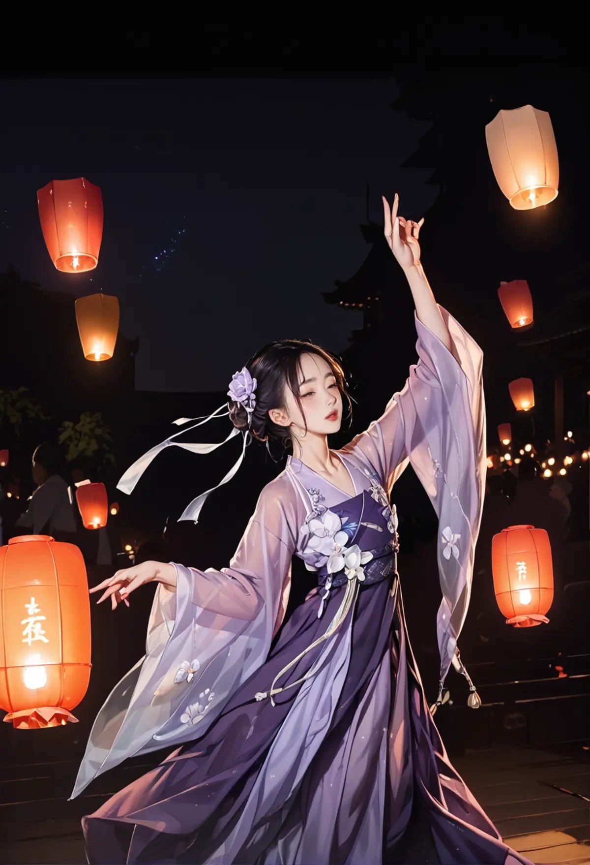 ,ruanyi0799,lantern,glowing,night sky,no humans,,ruanyi0752,hanfu,purple dress,see-through,wide sleeves,dancing,<lora:0799 Kongming lantern_v1_pony:1>,<lora:0752 Wisteria butterfly hanfu_v1_pony:0.7>, score_9,score_8_up,score_7_up,,8k,1girl,solo,,