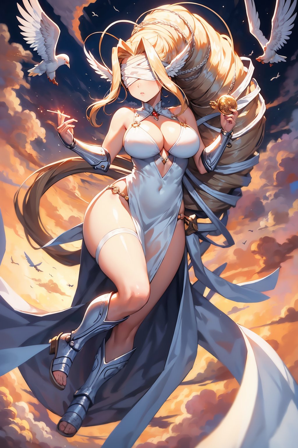 masterpiece, best quality, <lora:venusmon-nvwls-v1-000009:0.9> venusmon, very long hair, ponytail, blindfold, white dress, cleavage, vambraces, armored boots, large breasts, sky, clouds, sunset, wide shot, birds, doves