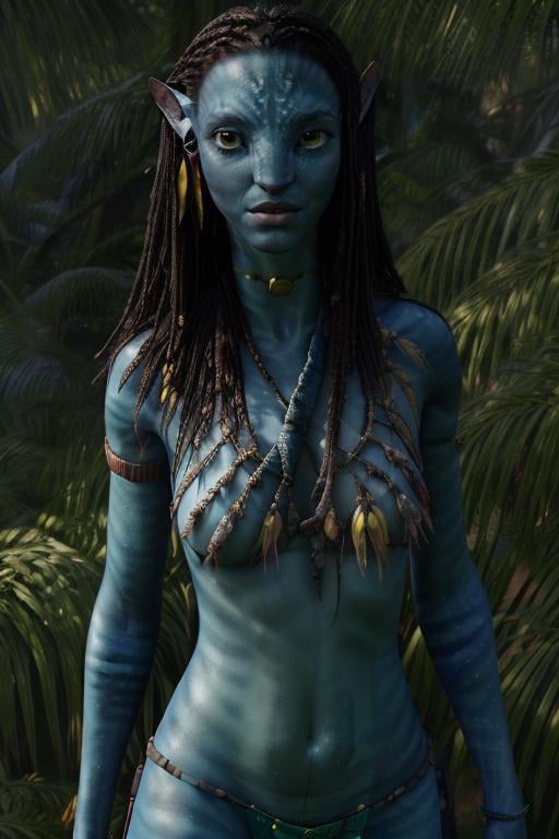 (masterpiece, best quality, high quality), (good body, good proportion, good anatomy, good fingers, good hands), <lyco:GoodHands-beta2:1> 1girl, blue skin, neytiri, avatar \(movie\), tribal, yellow eyes, loincloth, halterneck, bracelet, jewelry, crown, headwear, portrait <lora:Neytiri:0.8>