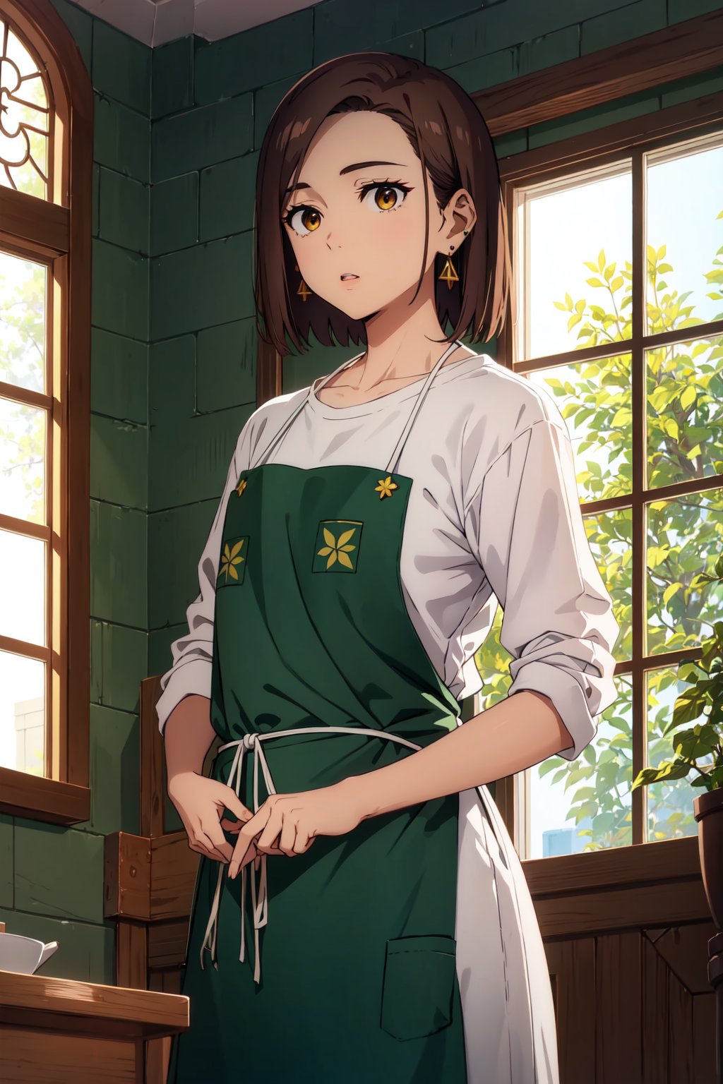 <lora:KotohaTachibana:0.8>, Kotoha Tachibana, 1girl, solo, looking at viewer, short hair, brown hair, shirt, brown eyes, jewelry, white shirt, earrings, parted lips, indoors, apron, dark-skinned female, window, plant, green apron, ((masterpiece))