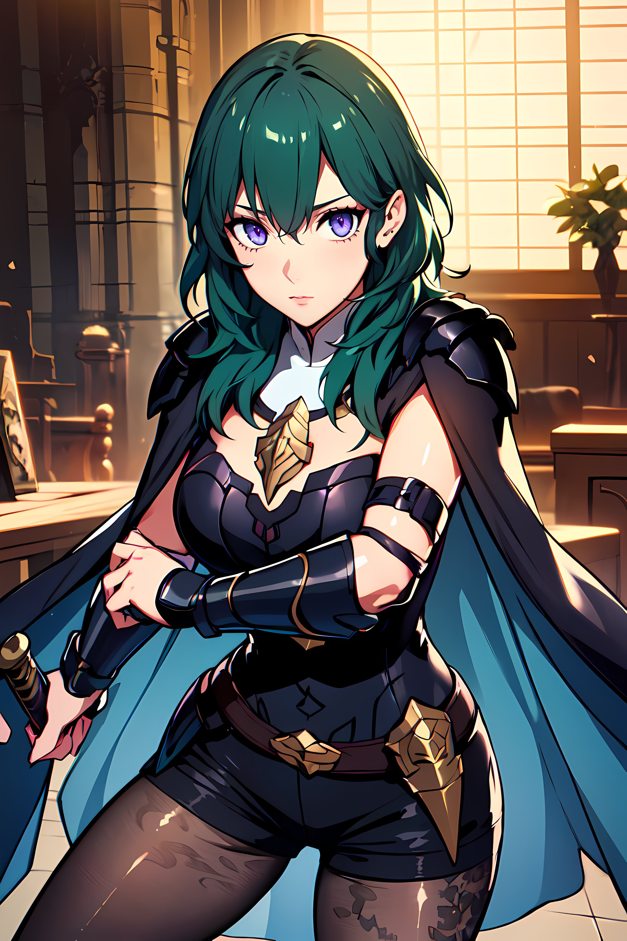 masterpiece,best quality, unreal engine, ultra res, extremely detailed,1girl, large breasts,  waist , (muscular:0.4) ,slender,<lora:Character_ort_byleth_fe3h_v0.8:0.7>byleth,deep green hair, amethyst eyesarmor, shorts, gauntlet, cape, pantyhose, floral print,watching at viewer, fighting stance, sword, holding sword,<lora:Style_hews_style:0.4>hews style <lora:Style_cutesexyrobutts_v2:0.>CSR STYLE<lora:Style_puuzaki-puuna-lora-v1:0.><lora:Style_anmnr01AOM3A1:0.2><lora:Concept_Round_Breasts_V7:0.2>ROUND BREASTS, medium  BREASTS