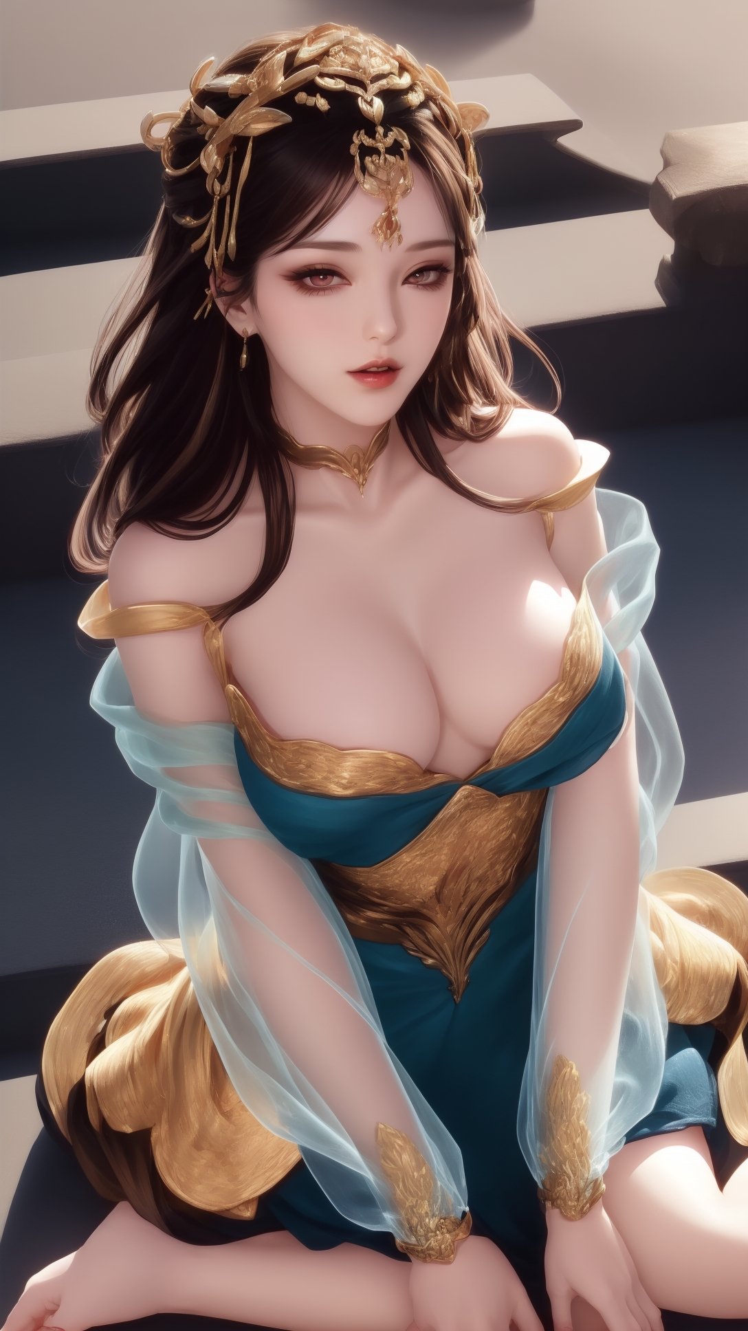 (1girl),smooth chin,masterpiece,detailed face,((hair ornament:1.2)),top quality,4k,make up,best quality,large breasts,(looking at viewer),red ribbon,dress,arms behind back,shawl,detached sleeves,forehead mark,golden hair ornament,<lora:王者 杨玉环 原皮_v1.1:0.7>,legs,on street,full body,laying on ground,