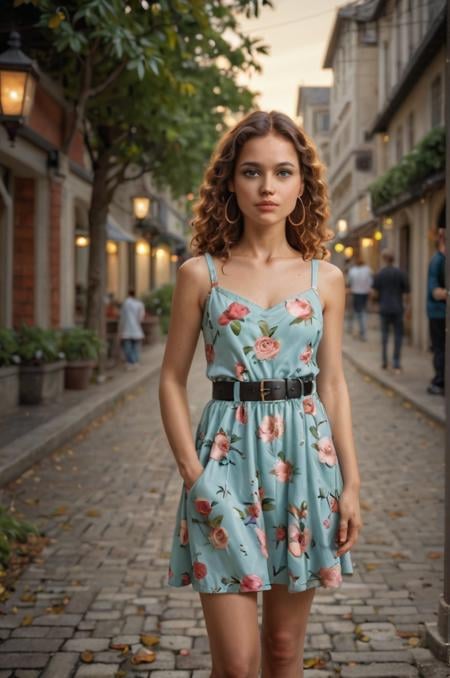 ((zPDXL), source_realistic, photo),Midshot, woman, dusk setting, outdoor, floral dress, black belt, standing, bokeh background, street lights, tree-lined pathway, medium shot, contemplative expression, curly hair, natural makeup, hoop earrings, hand in pocket, warm color tone, blurred background, shallow depth of field, fashionable attire, young adult, dusk lighting