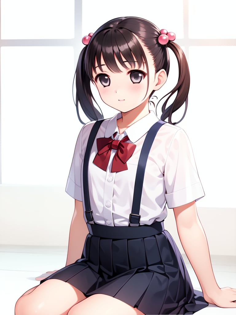 <lora:Tsutsumi_Kinuka:0.8>, TsutsumiKinuka, 1girl, solo, twintails, school uniform, brown hair, sitting, hair bobbles, black eyes, suspenders, hair ornament, skirt, masterpiece, high quality, very_high_resolution, large_filesize, full color,