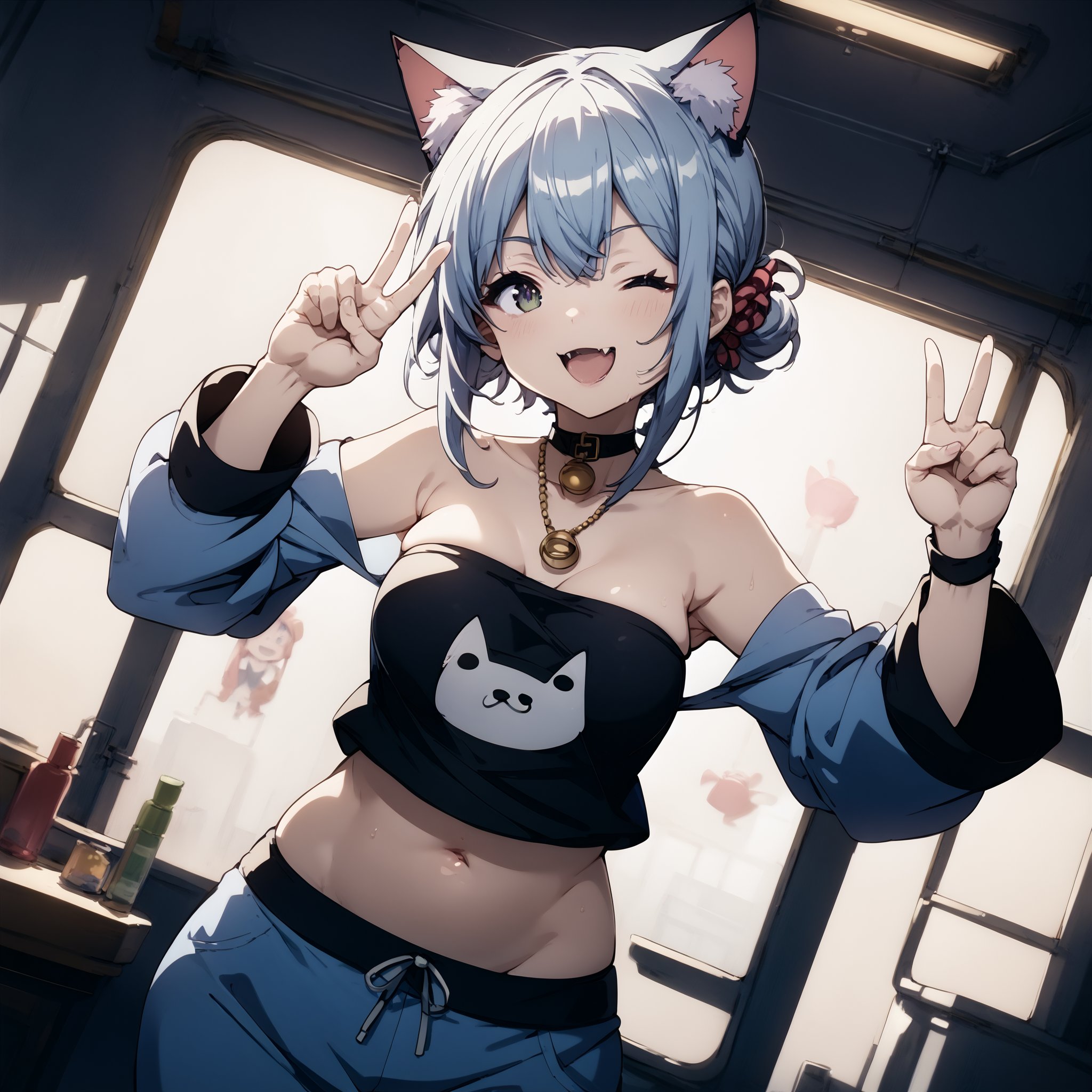 score_9,score_8_up,score_7_up,BREAK1girl,cat_ears,peace_sign,tube_top,indoors,