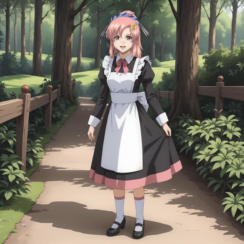 <lora:LacusClyneXLpony002>,looking at viewer,smile,open mouth,solo,LacusClyne,1girl,pink hair,ponytail,blue eyes,hair ornament,outdoors,nature,standing,full body,maid,