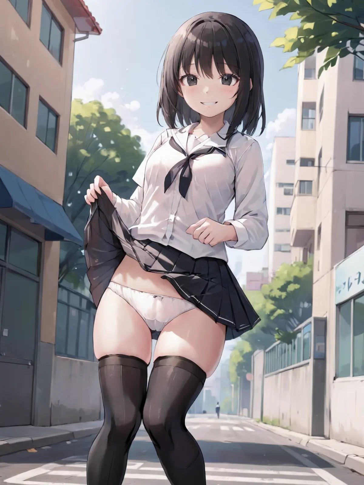 extremely detailed background, 1girl, solo, skirt lift, lifted by self <lora:skirt lift XL V2-000009:0.6>, in the street, smile, school uniform, pleated dress, white shirt, black thighhighs, white panties, standing,