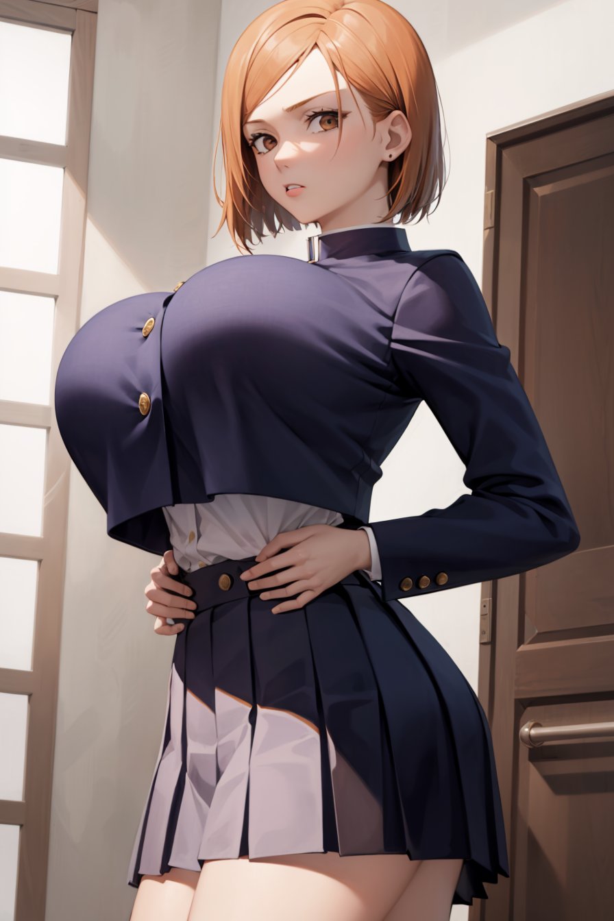 masterpiece, best quality, 1girl, solo, Nobara, huge breasts, (breast implants, fake tits, unaligned breasts, perfectly round breasts), SFW, fully clothed, school uniform, cropped jacket, closed jacket, pleated skirt, standing, cowboy shot, looking at viewer, <lora:Implants2:1> <lora:Nobara:0.8>