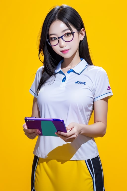 lbc girl stretches out her phone on a yellow background,with the phone screen displaying a white screen,Yellow background,