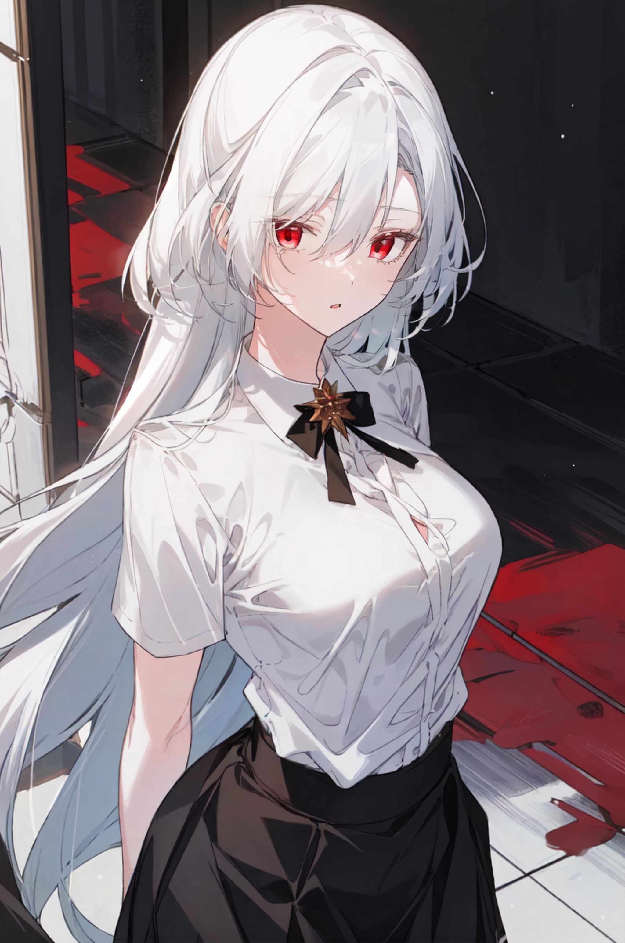 masterpiece, (best quality), 1girl , white hair, Raviel, red eyes, <lora:RavielIvansia:0.7>, school uniform, white shirt, black skirt