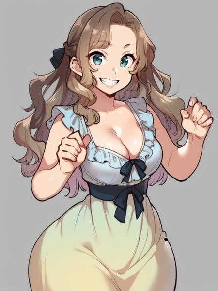 score_9, score_8_up, score_7_up, score_6_up, 1girl, milf, long wavy hair, dress, cleavage, sleepwear, medium breasts, narrow waist, wide hips, thick thighs, looking at viewer, cowboy shot, cartoon, dynamic pose, smile, cute, wide shot, simple background, solo,<lora:AgawaRyoXLP_Style:1> AgawaRyoXLP