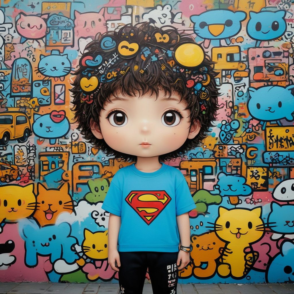 (masterpiece, top quality, best quality, official art, beautiful and aesthetic:1.2),1boy,english text and symbol as background,super cute,kawaii,32K,super detailed,Graffiti 