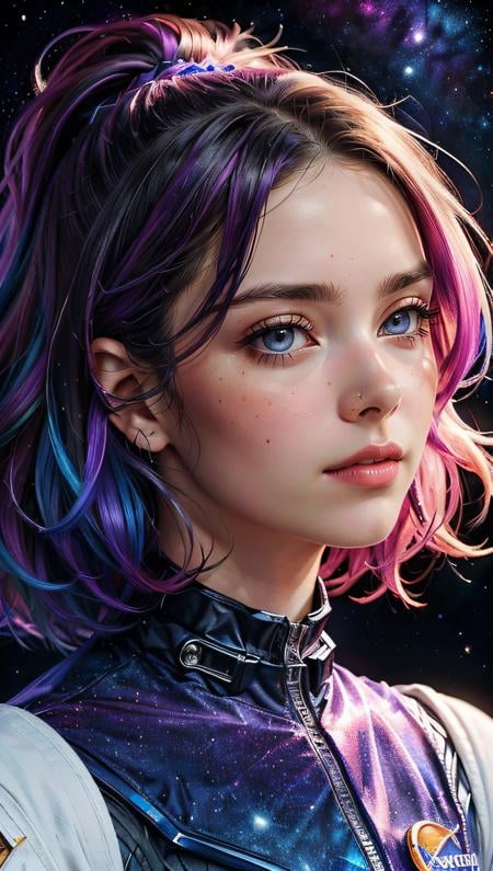 (best quality, masterpiece, perfect face, beautiful and aesthetic:1.2, colorful, dynamic angle, highest detailed face) fashion photography of cute astronaut girl with long iridiscent purple hair, in space (intricate details, hyperdetailed:1.15), detailed, sunlight passing through hair, (beautiful galaxy background), (high contrast, official space art, extreme detailed, highest detailed), HDR+