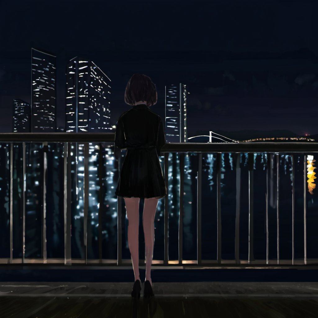 <lora:loneliness_xl_v2:0.8>,a person standing on a balcony looking at the city at night with lights reflecting off the water and a bridge, 1girl, solo, short_hair, black_hair, dress, standing, outdoors, sky, water, from_behind, night, building, scenery, reflection, city, railing, facing_away, cityscape, dark, bridge, city_lights, balcony