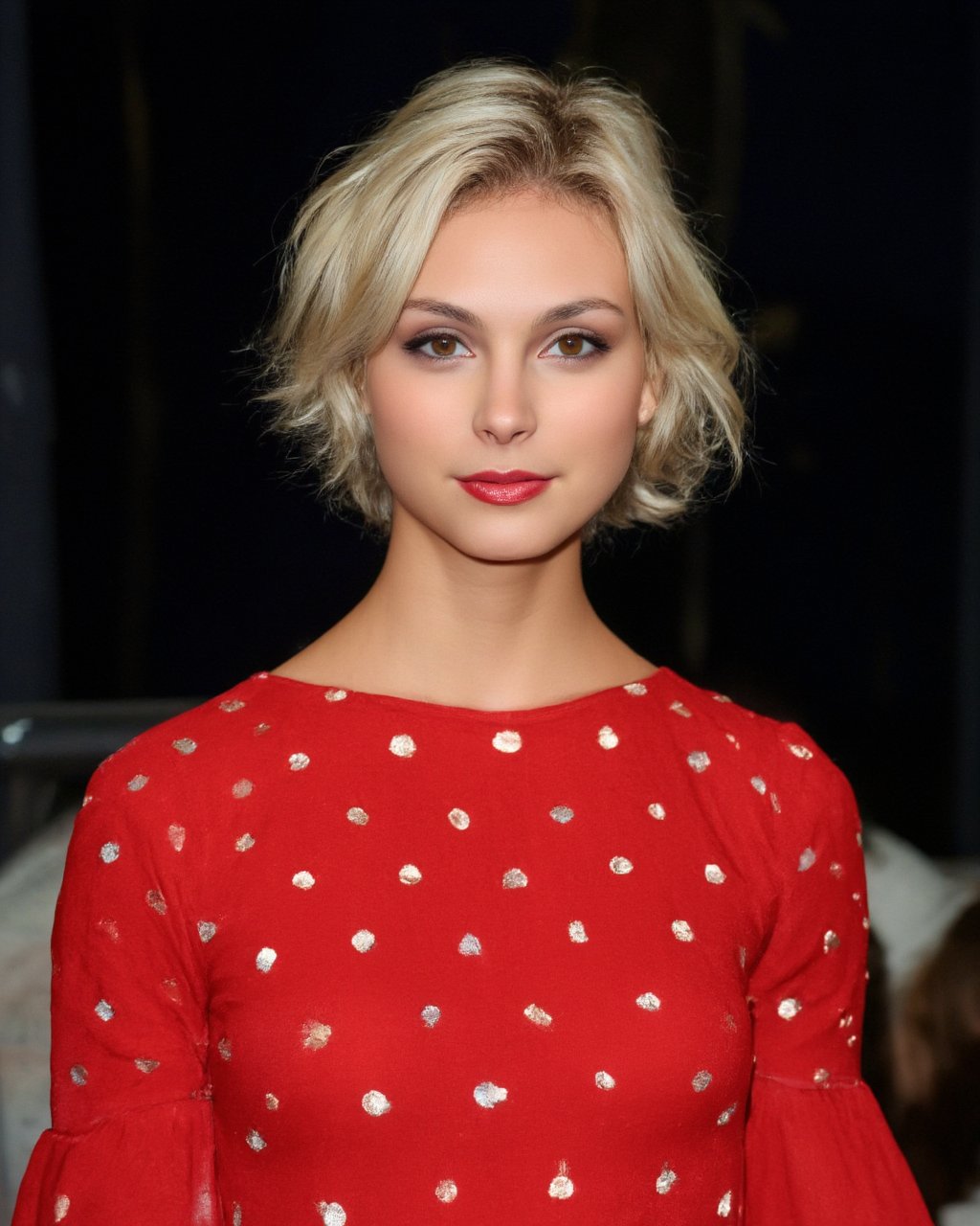 morena_baccarin, A woman is wearing a red dress with white polka dots on it. The woman has blonde hair and is looking directly at the camera. The background behind the woman is dark.