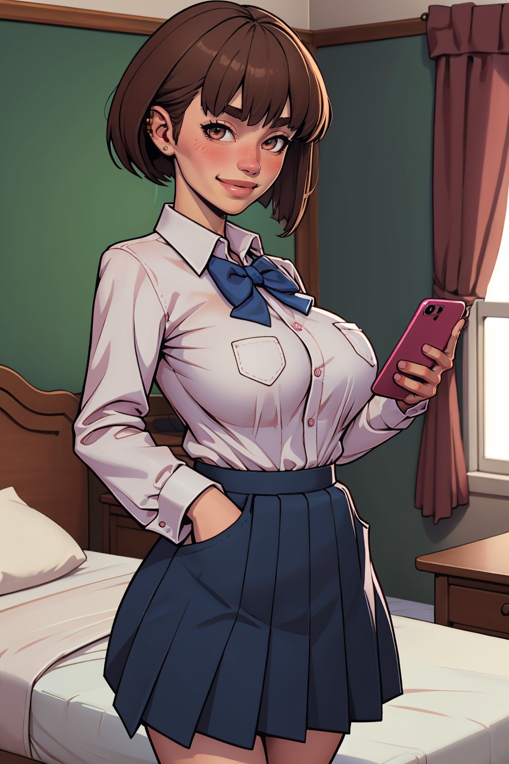 (masterpiece, best quality:1.2),  <lora:warlockandboobs:1>, warlockandboobs, 1girl, phone, skirt, cellphone, solo, shirt, holding phone, brown hair, pleated skirt, holding, selfie, brown eyes, white shirt, smile, bangs, bow, long sleeves, collared shirt, blue bow, breasts, smartphone, indoors, curtains, blue skirt, school uniform, closed mouth, stuffed animal, bowtie, stuffed toy, blue bowtie, looking at viewer, dress shirt, bed, pocket, breast pocket, blunt bangs, blush