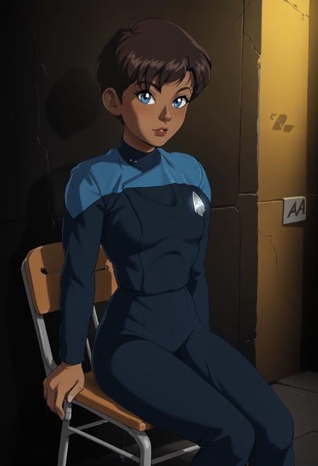 score_7_up,solo, retro hairstyle,short hair,brown hair,african,dark skin,black skin,1girl,in a dark alley,sitting on a folding chair,pcdst,Star trek uniform,blue ,blue shoulders,black jumpsuit,<lora:PicardPony-000050>